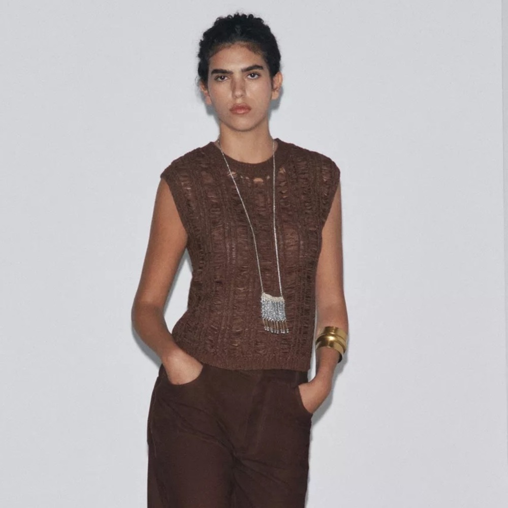 Zara ribbon Knit top, brown - Picture 2 of 15